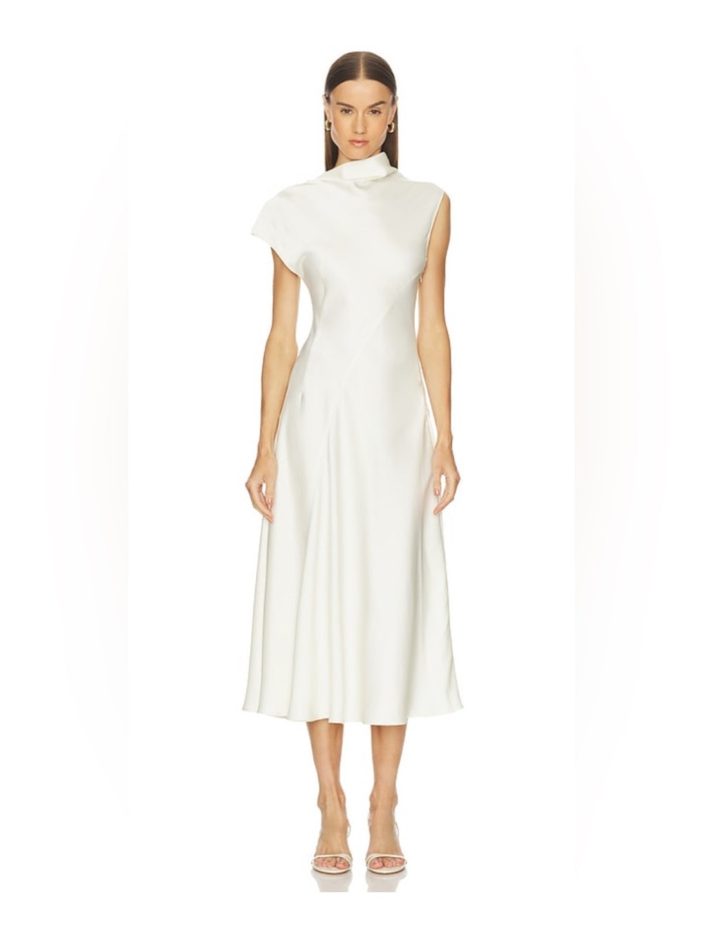 Camila Coelho Cream Asymmetric High-Neck Midi Dress